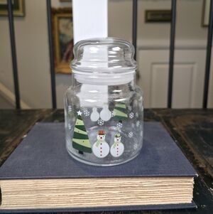 ​Whimsical Snowman & Tree Glass Canister Jar 5.25" Holiday Candy Cookie Storage